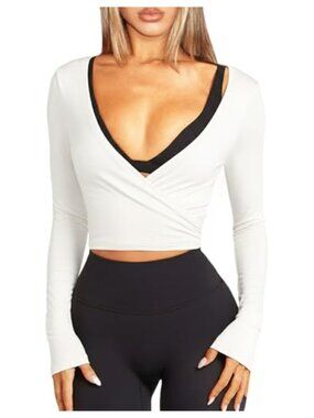 Women's Cotton Blend Wrap Crop Top Long Sleeve V-Neck Ballet Workout Top